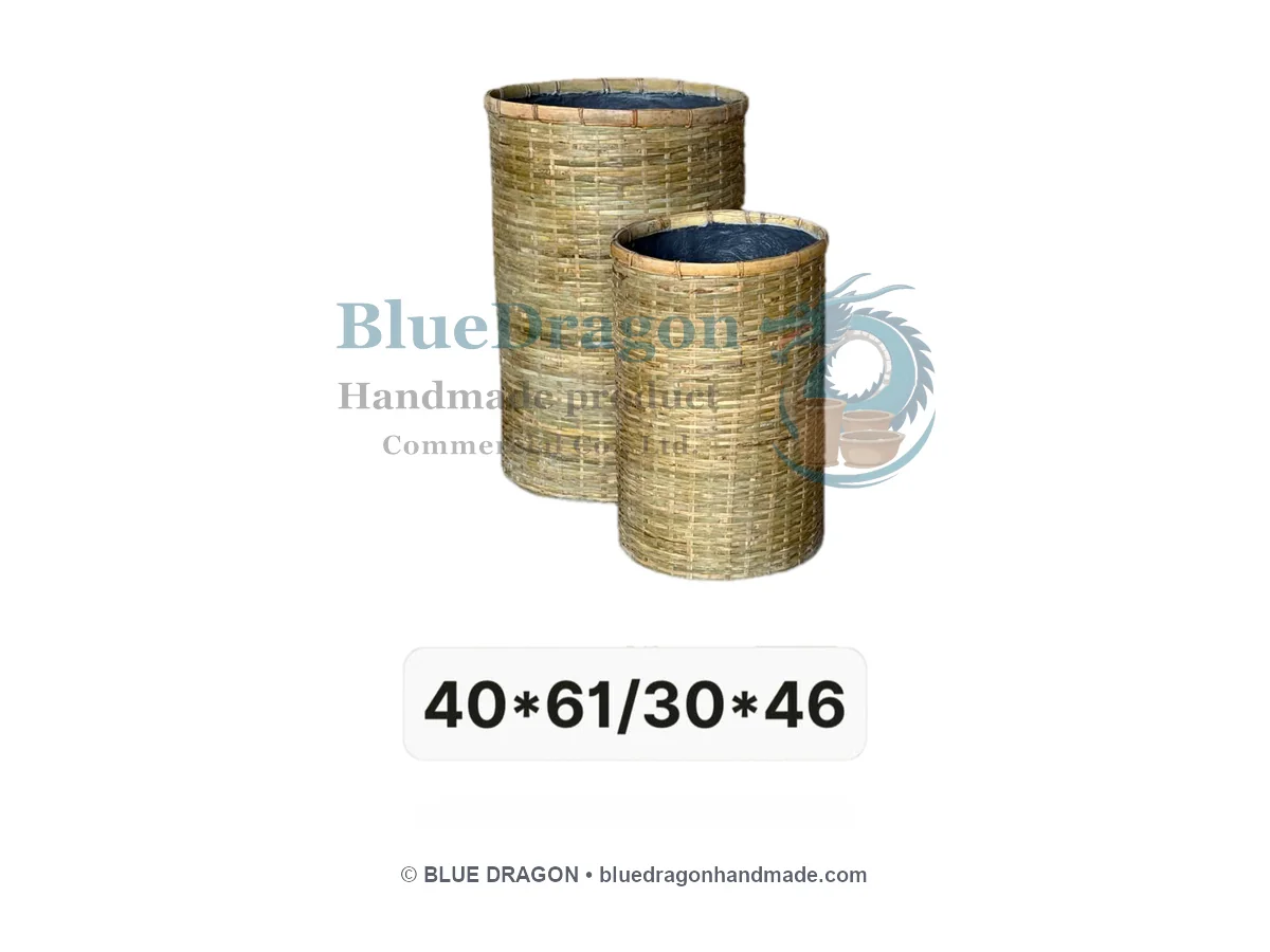 Handwoven Natural Bamboo Tall Cylinder Planter Basket Set of 2 - Handcrafted Vietnamese Pottery