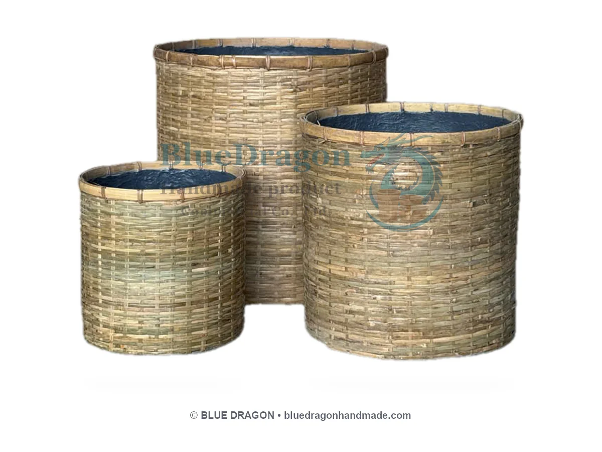 Handwoven Natural Bamboo Round Planter Basket Set of 3 - Handcrafted Vietnamese Pottery