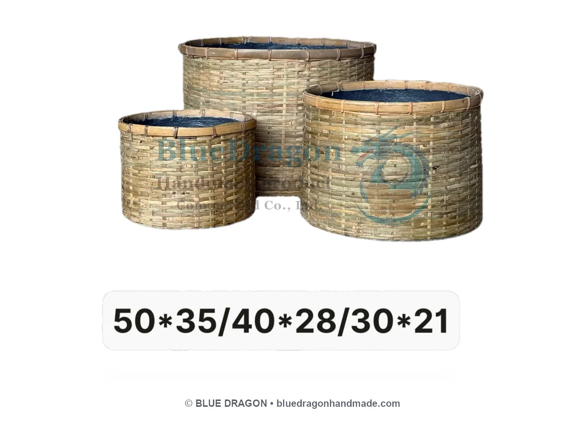 Handwoven Natural Bamboo Low Planter Basket Set of 3 - Handcrafted Vietnamese Pottery