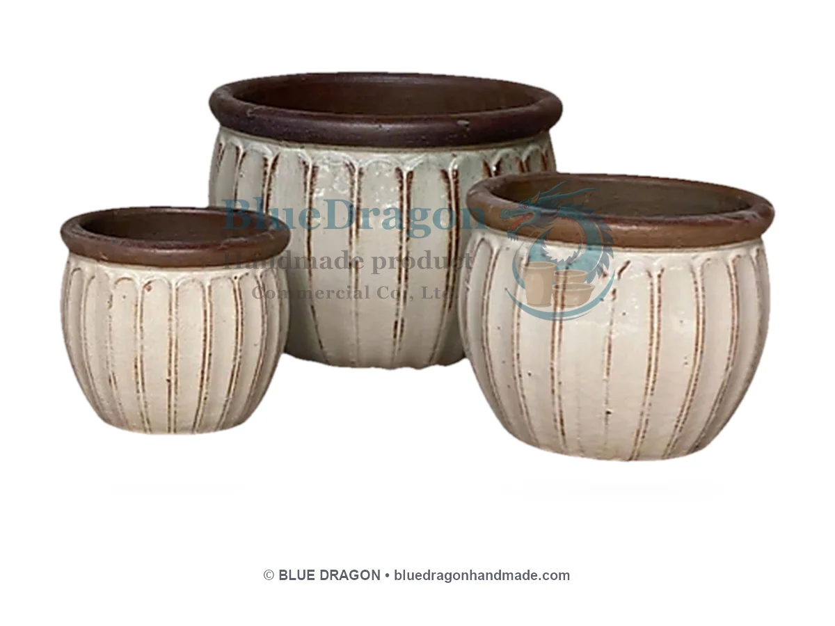 Glazed Planters Mix Pallet 04 - Fluted Planters with unglazed rim - Handcrafted Vietnamese Pottery