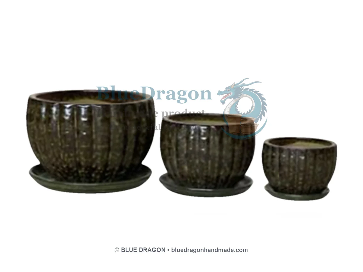 Glazed Planters Mix Pallet 42 (With Saucers) - Fluted Round Bowls 3-Piece - Handcrafted Vietnamese Pottery
