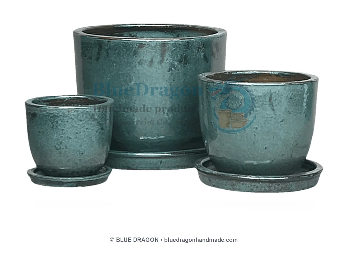 Glazed Planters Mix Pallet 43 (With Saucers) - Straight Cylinders 3-Piece - Handcrafted Vietnamese Pottery